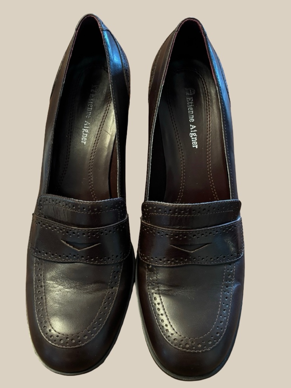 Etienne Aigner E-Greeley Women Dark Brown Leather Heeled Penny Loafer Pumps 7.5M
